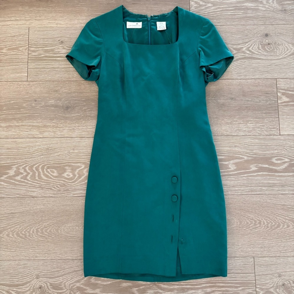 Liz Claiborne Womens Teal Green Square Neck 100% Silk Sheath Dress Size 4P‎